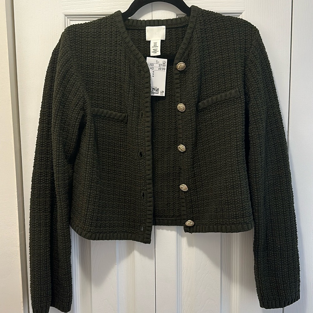 Olive green, cropped type cardigan. Medium, new with tags